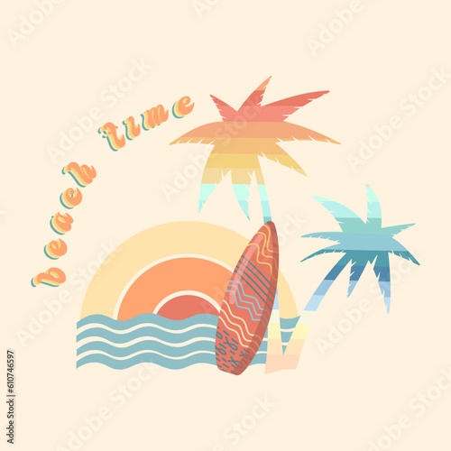 Summer holiday vector illustration; retro summer vacation, surfing, beach, sunset,  palm trees elements and symbols