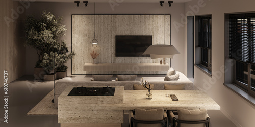 Beige living room interior with tv wall, ceiling lamp and kitchen island. Panoramic windows and night lighting. 3d rendering. High quality 3d illustration