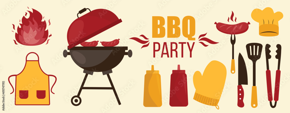 Barbecue grill elements set isolated on light background. BBQ party ...