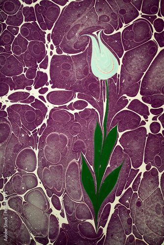 Ebru art. Traditional Turkish Ebru technique. Painting on water, followed by paper prints. Color paint ebru with waves and tile pattern.