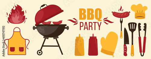 Barbecue grill elements set isolated on light background. BBQ party poster. Meat restaurant at home. Charcoal kettle with tool, sauce and foods. Kitchen equipment for menu. Cooking outdoors.