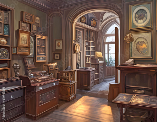 interior of an old-fashioned room crowded with old wooden furniture with pictures in frames on the walls and curios on shelves. generative ai illustration © Philip J Openshaw 