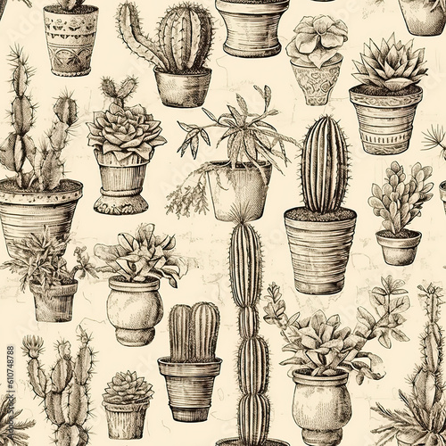 Drawn different cacti on a white background in vintage style. photo