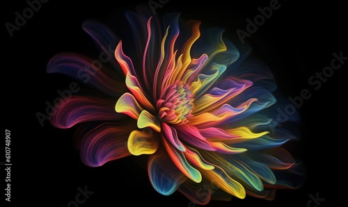  a multicolored flower on a black background with a black background and a black background with a black background and a black background with a white border.  generative ai