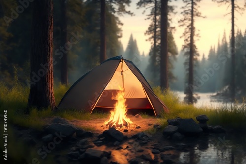 A camping side with a tent and a camp fire in the middle of the forrest. Created with generative AI.