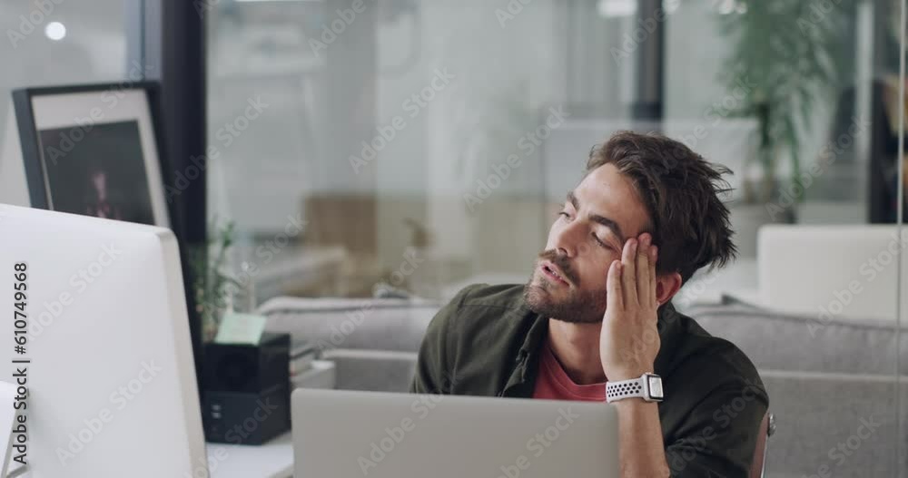 Stress, computer and man with frustration in office doing research for startup business fail. Technology, crisis and professional male employee with pressure for working on deadline in the workplace.