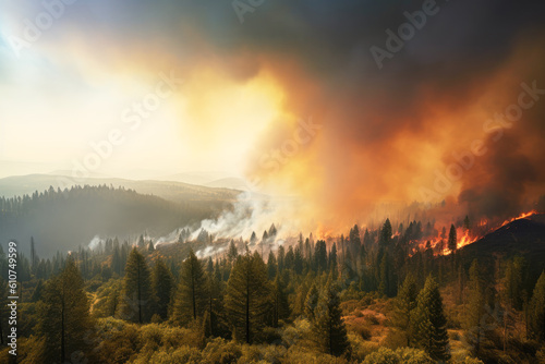 A wild fire burns through a wooded forest