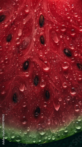 Fresh watermelon sliced with drops of water. Summer fruit vertical background. Water droplet on ripe melon. Ai generated.  © Andrea Marongiu