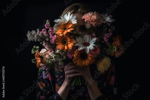 Beauty and nature concept. Woman hiding her face behind colorful and big flower bouquet. Generative AI