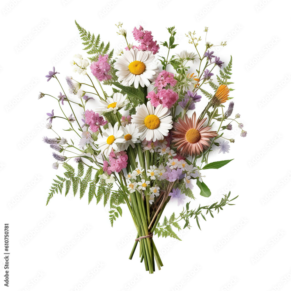 rustic bouquet of wildflowers and greenery on white background 