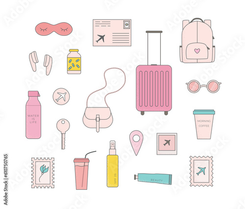 Set of cute pinky travel accessories for sticker, planner, scrapbooking. Girly vector illustrations
