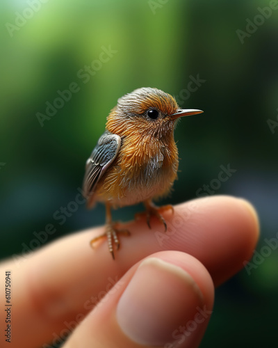 small bird sitting on top of a person's finger, cute, generative ai 