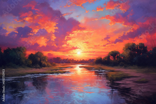 Summer sunset, oil painting style, generative ai 