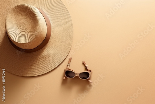 A top view on a summer straw hat and futuristic sunglasses on a beige colored seamless background  copy space for text. Generative AI technology