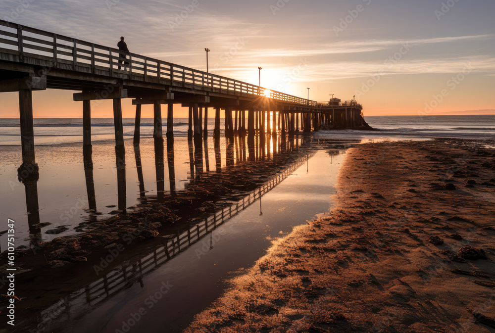 Fototapeta premium A man is standing on the pier at sunset