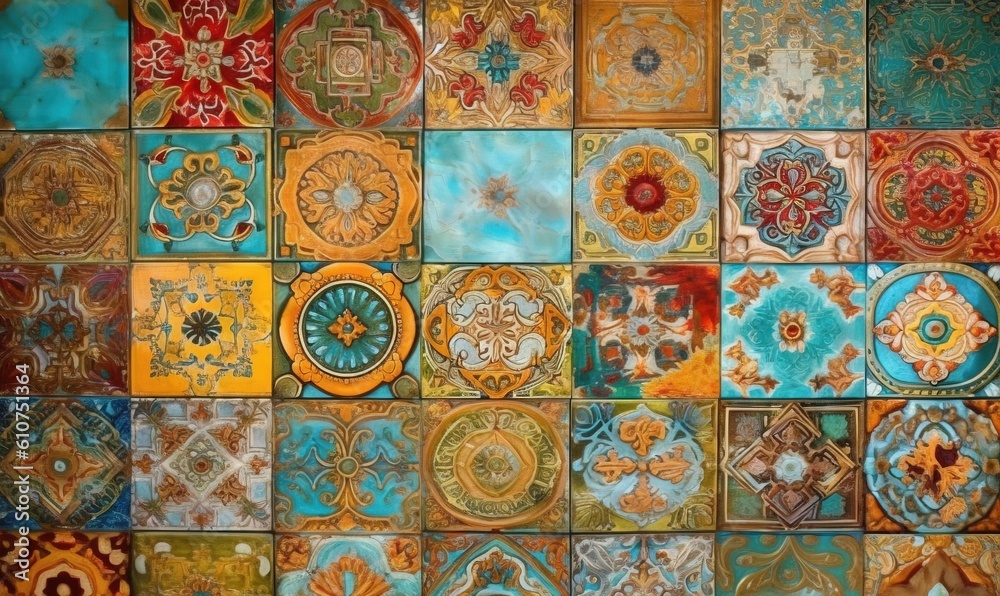 a wall made up of many different colored tiles and designs on it's sides, all of which have different colors and shapes and sizes. generative ai a wall made up of many different colored tiles and designs on it's sides, all of which have different colors and shapes and sizes. generative ai