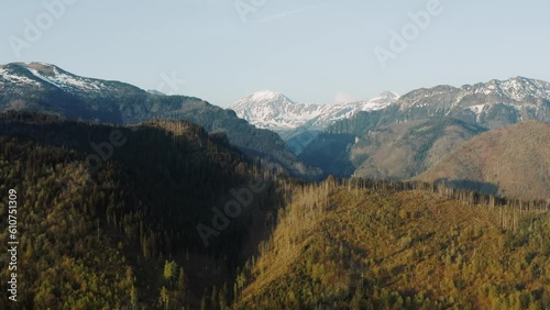 Mountains aerial drone shot snowy mountain peaks green hills covered with pine trees lit with warm sunrise light, epic mountain range view from above, spring season early morning landscape golden hour