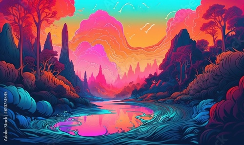  a painting of a river surrounded by trees and mountains at sunset with a colorful sky and clouds in the background and a pink and blue sky.  generative ai