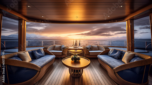 Lounge area at the back of a luxury yacht at sunset, Generative AI