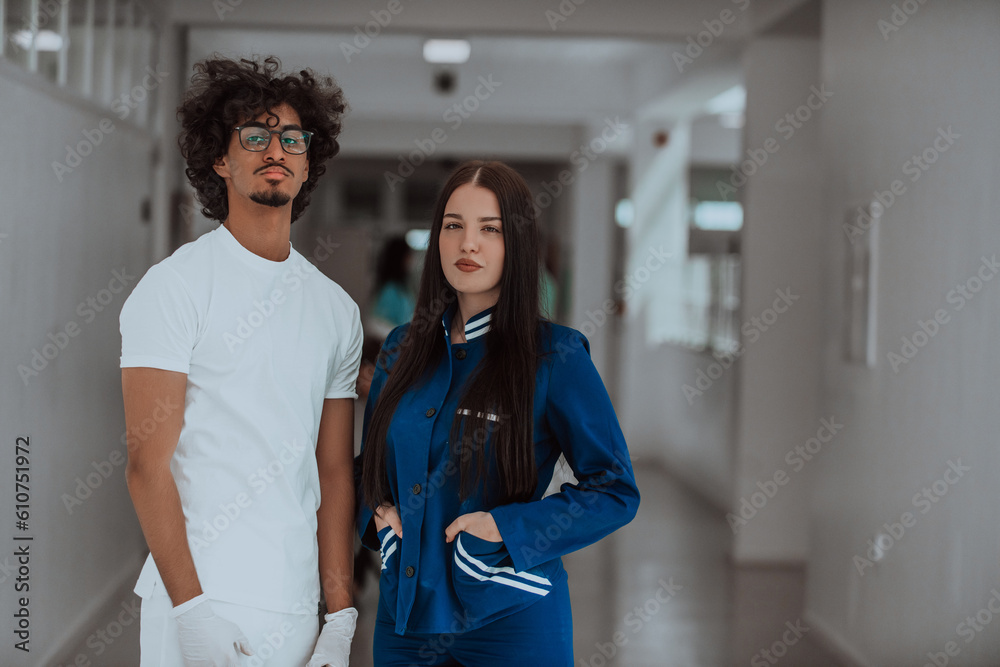 Fototapeta premium A young African-American doctor, accompanied by a nurse, stands together in the hallway of a modern hospital, exemplifying a diverse and dedicated healthcare team committed to collaboration