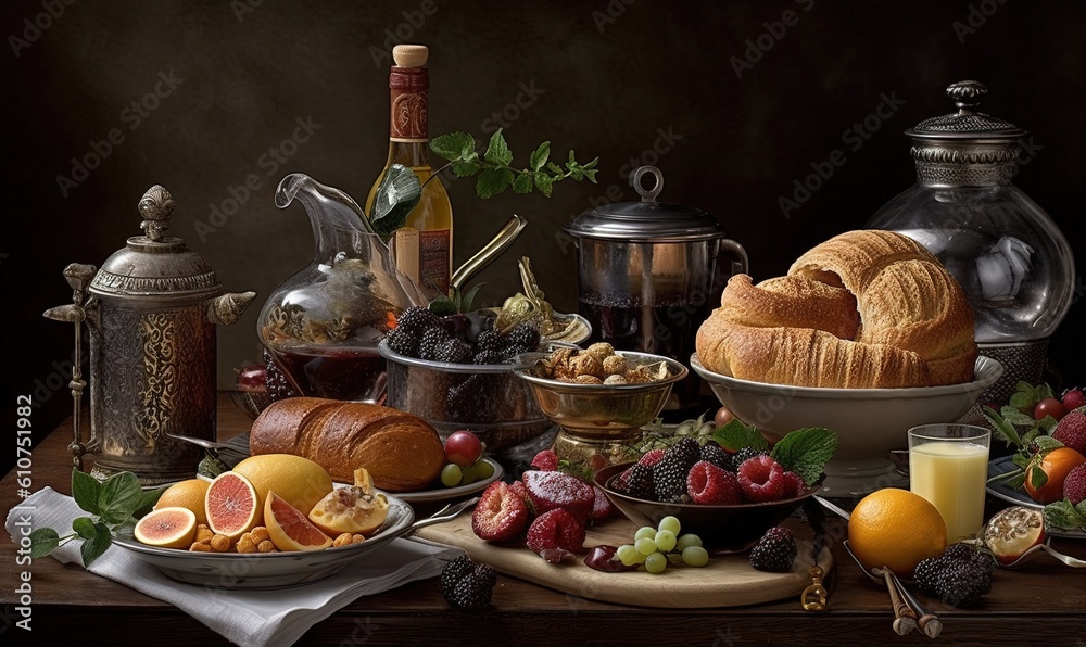a table topped with a bowl of fruit next to a plate of bread and a bowl of fruit on a plate next to a bowl of bread. generative ai a table topped with a bowl of fruit next to a plate of bread and a bowl of fruit on a plate next to a bowl of bread. generative ai