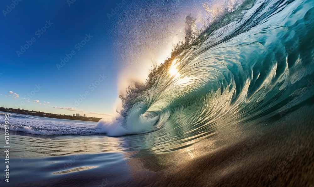 a large wave is breaking on the beach shore as the sun shines on the ...