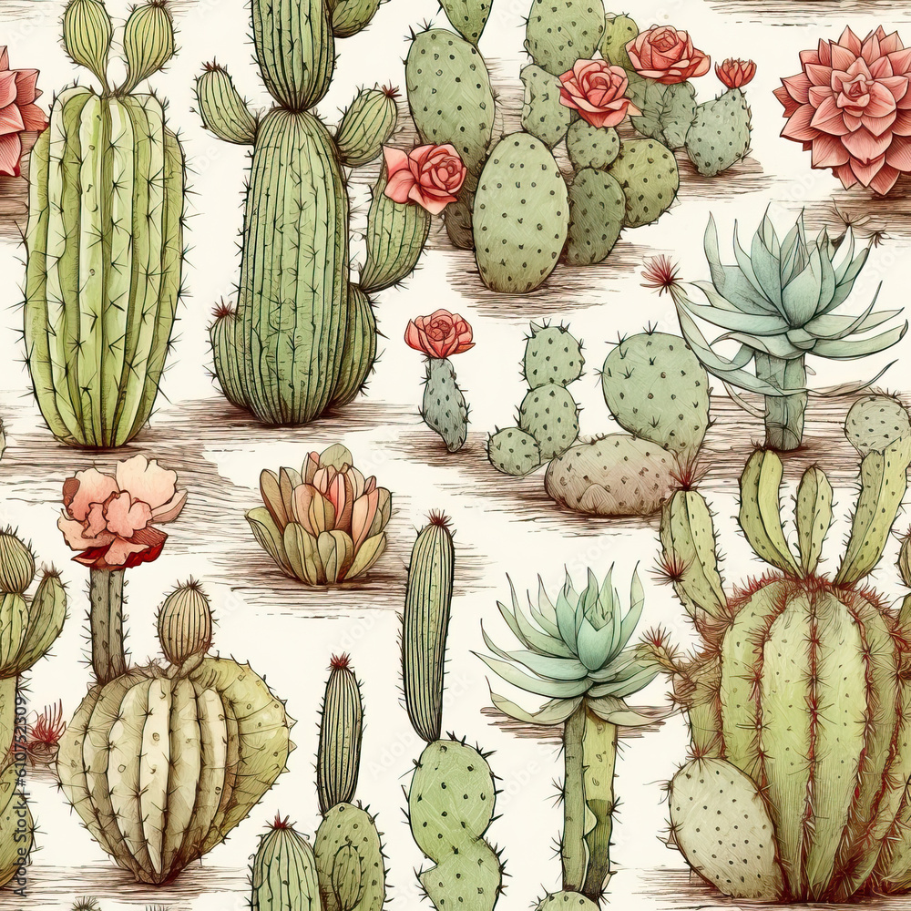 Drawn different cacti on a white background in vintage style. Drawn different cacti on a white background in vintage style.