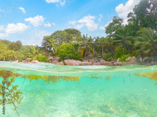 Split underwater view of Anse Severe on a sunny day photo