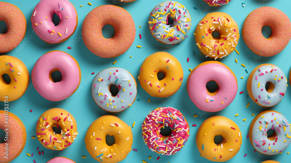 Flat lay of donuts. IA generative. Flat lay of donuts. IA generative.