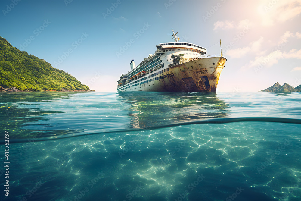 Lost cruise ship abandoned lost in the ocean off uninhabited islands. Lost cruise ship abandoned lost in the ocean off uninhabited islands.
