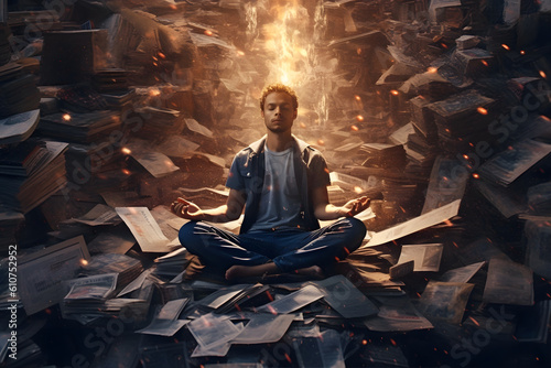 Mind Over Matter: Person meditating amidst chaos, demonstrating the power of mindfulness and mental focus. Generative ai. photo