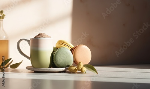  a cup of coffee and some macaroons on a plate next to a bottle of tea and a vase with flowers on a table.  generative ai