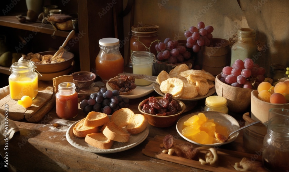 a wooden table topped with plates of food next to a bottle of orange juice and a bowl of grapes and a jar of orange juice.  generative ai