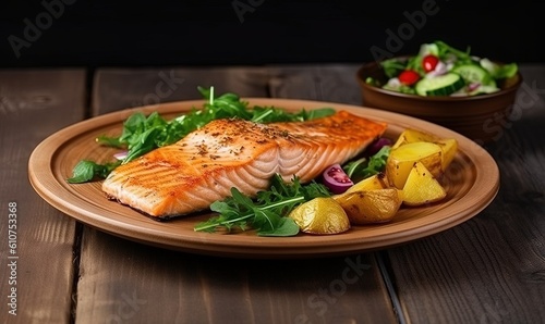  a plate of salmon and potatoes on a wooden table with a bowl of salad and a bowl of salad dressing on the side of the plate. generative ai