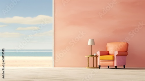 Generating AI illustration of pastel pink cushion sofa and partial sea view