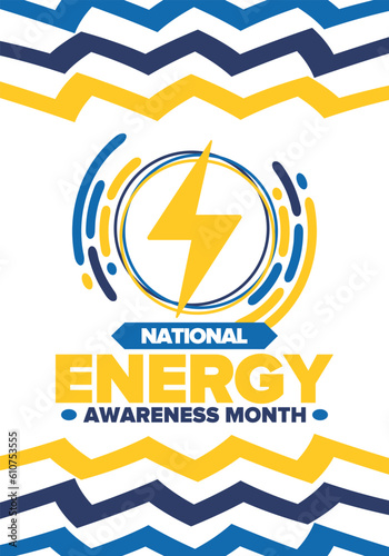 National Energy Awareness Month in October. Optimization and management of energy consumption. The introduction of advanced technology, encourage the use of renewable energy. Energy security. Vector