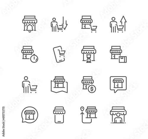 Set of shop management related icons, increase sales, supermarket, boutique, showroom building and linear variety vectors.
