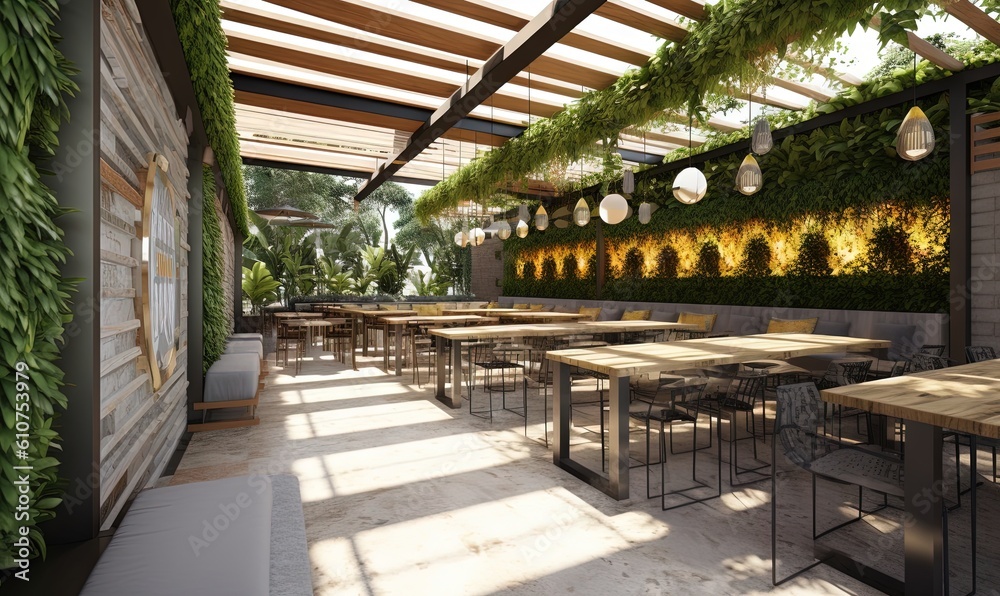  a restaurant with tables and chairs and a wall of greenery on the side of the restaurant's roof area, along with benches and tables and benches.  generative ai