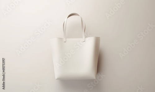  a white tote bag hanging on a wall with a white background in a minimalistic fashion style, minimalistic fashion, minimalism. generative ai