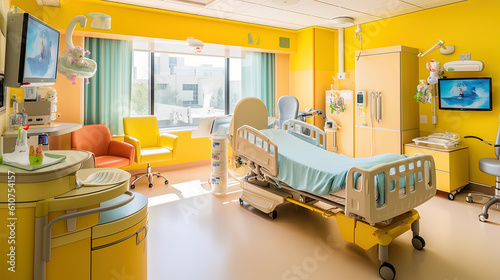 Room for patients with bed and monitors in a hospital or clinic