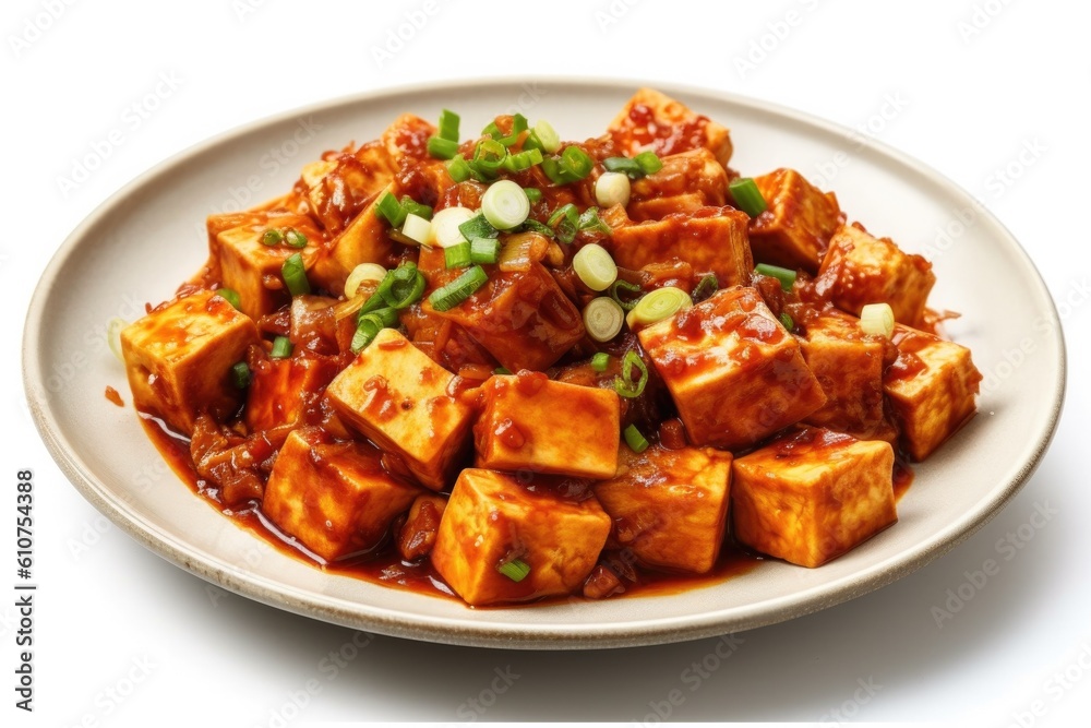 Bowl of Mapo Tofu Isolated on a White Background. Generative AI