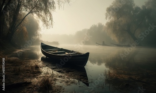  a boat sitting on the shore of a lake in a foggy forest with a few trees in the background and a few branches in the foreground. generative ai