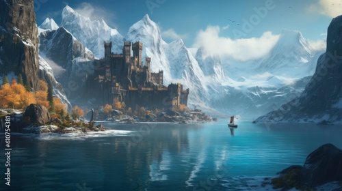 Majestic landscape with towering cliffs, icy waters, and ancient ruins nestled within the rugged terrain © Damian Sobczyk