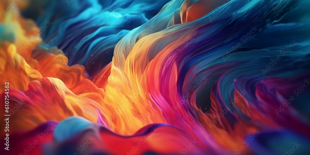 Abstract splash with color waves - pink, yellow and blue color. Created with generative AI tools