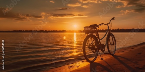 City bike on the seashore at sunset. Created with generative AI tools