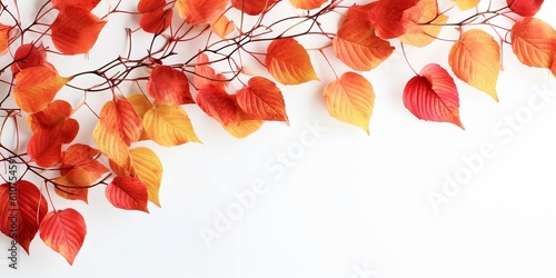 Branch with autumn birch leaves on a white background. Copy space. Created with generative AI tools