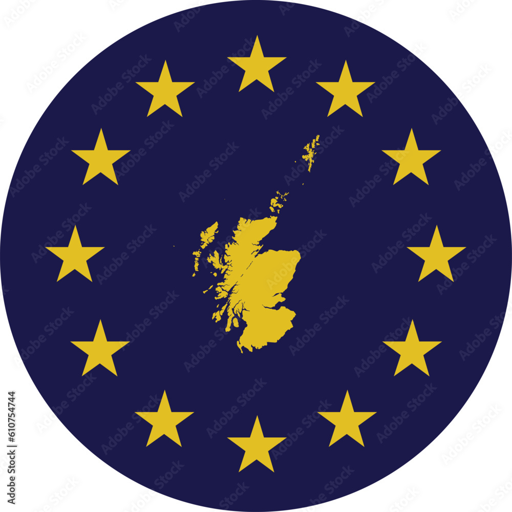 Badge of Yellow Map of Scotland in colors of EU flag