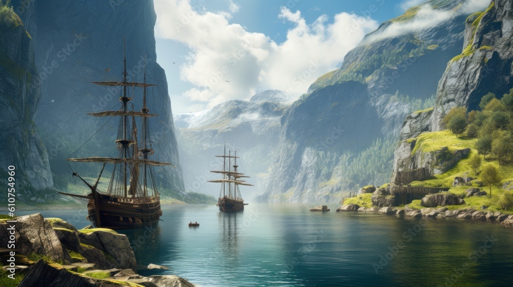 Obraz premium Majestic landscape with towering cliffs, icy waters, and ancient ruins nestled within the rugged terrain