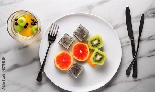  a white plate topped with cut up fruit next to a glass of water and a fork and knife on a marble counter top next to a bowl of fruit.  generative ai