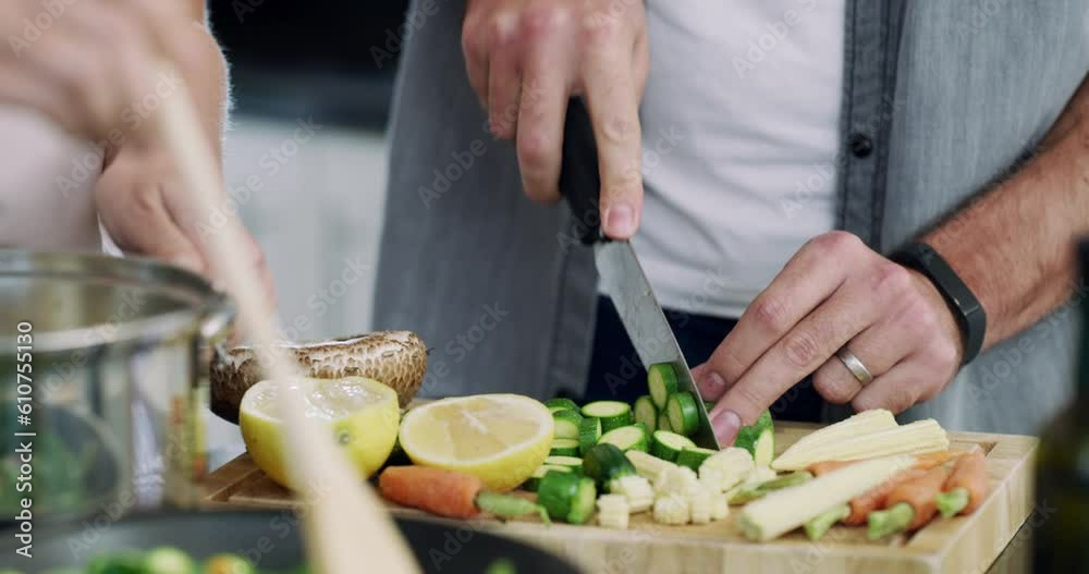Hands of couple, cooking in kitchen with vegetable ingredients and healthy food for nutrition, marriage and diet. Vegetables, hand of man helping woman with meal prep and vegan dinner in apartment.